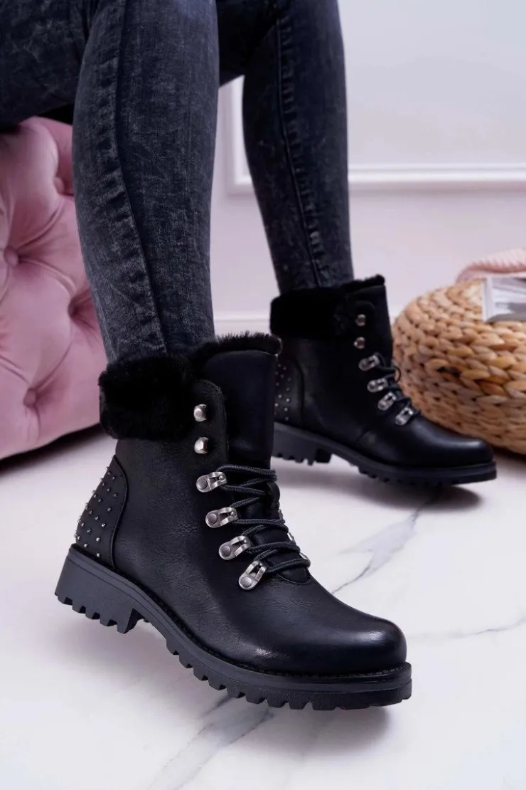 Clearance Boto Damskie Botki Trapery Futerko Czarne Ergost