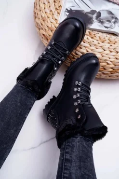Clearance Boto Damskie Botki Trapery Futerko Czarne Ergost