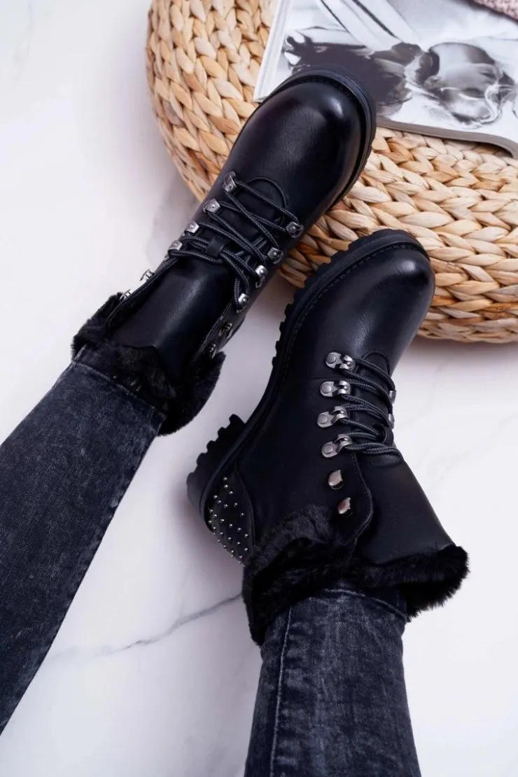 Clearance Boto Damskie Botki Trapery Futerko Czarne Ergost