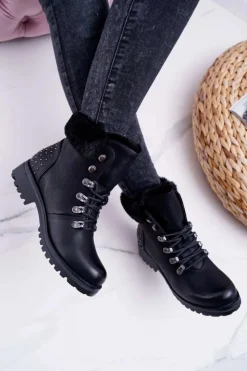 Clearance Boto Damskie Botki Trapery Futerko Czarne Ergost