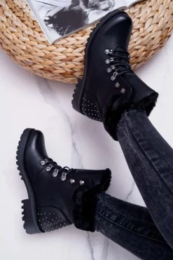 Clearance Boto Damskie Botki Trapery Futerko Czarne Ergost