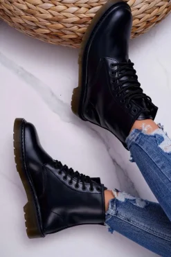 Big Star Shoes Damskie Trapery|Botki Sznurowane*Damskie Botki Trapery Glany Big Star Skórzane Czarne EE274001