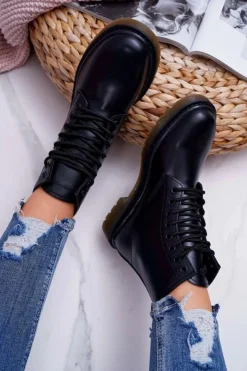 Big Star Shoes Damskie Trapery|Botki Sznurowane*Damskie Botki Trapery Glany Big Star Skórzane Czarne EE274001