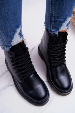 Big Star Shoes Damskie Trapery|Botki Sznurowane*Damskie Botki Trapery Glany Big Star Skórzane Czarne EE274001