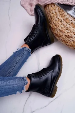 Big Star Shoes Damskie Trapery|Botki Sznurowane*Damskie Botki Trapery Glany Big Star Skórzane Czarne EE274001