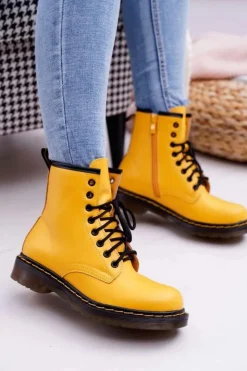 Boto Damskie Trapery|Botki Sznurowane*Damskie Botki Trapery Glany Żółte Gangsta