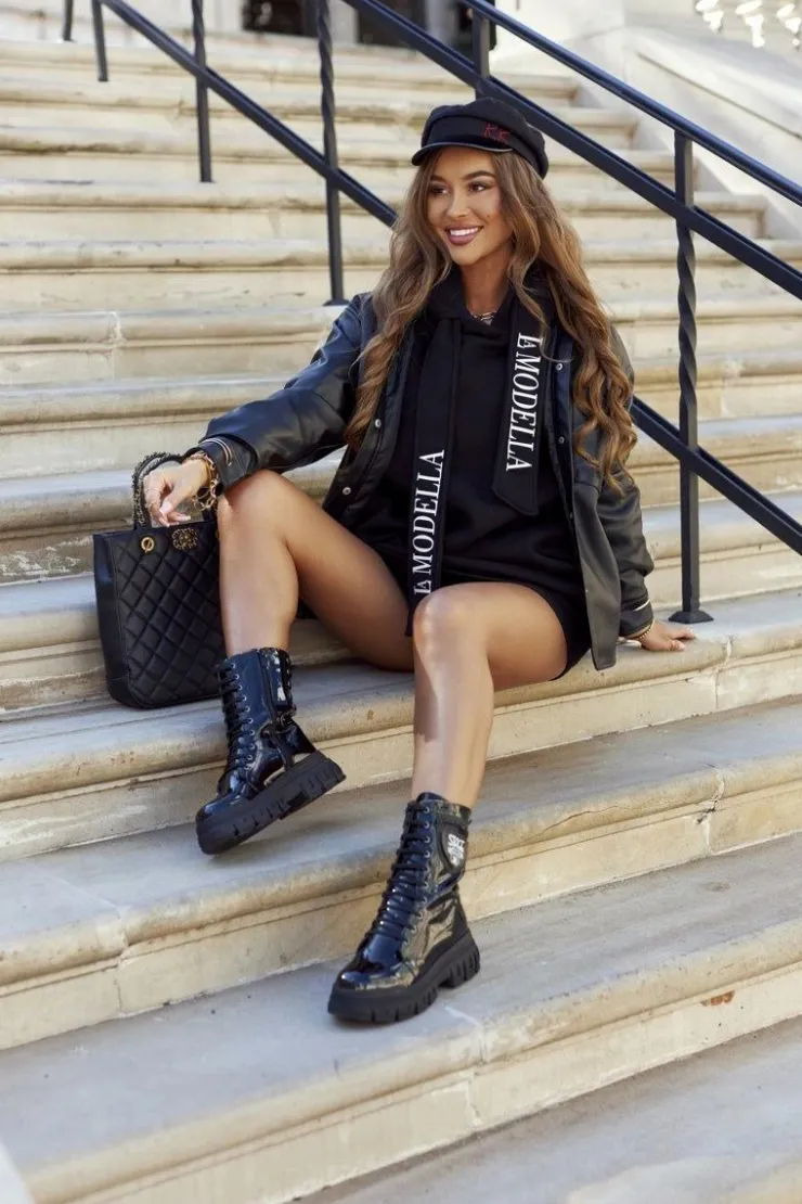 Damskie Boto Damskie Botki Trapery Glany Lakierowane Czarne Coriera