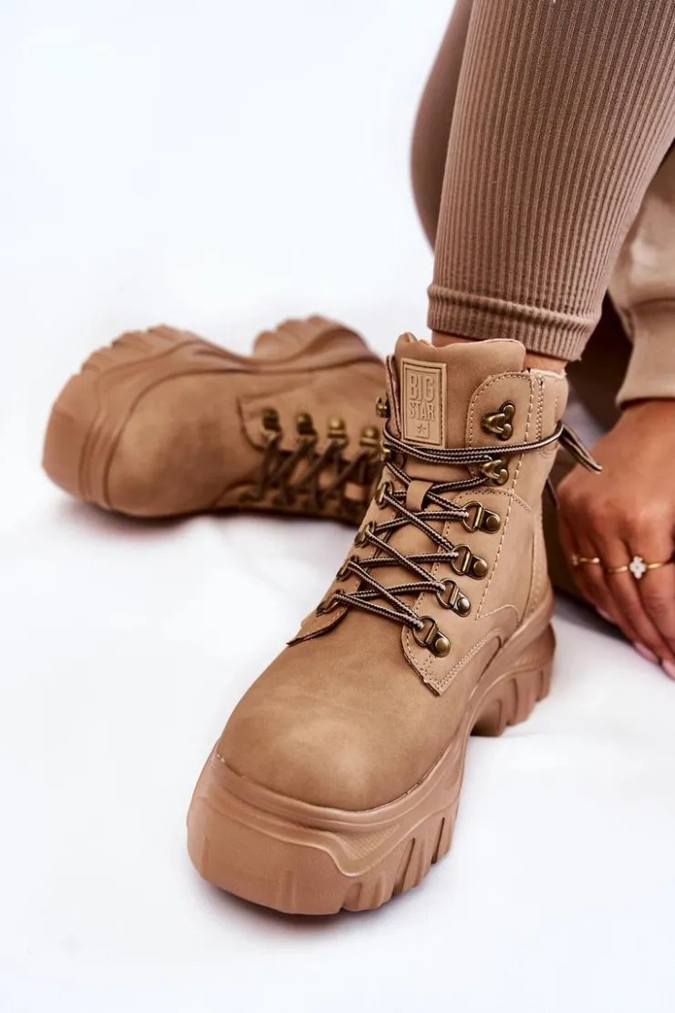Big Star Shoes Damskie Trapery|Botki Sznurowane*Damskie Botki Trapery Memory Foam Big Star KK274366 Beżowe
