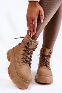 Big Star Shoes Damskie Trapery|Botki Sznurowane*Damskie Botki Trapery Memory Foam Big Star KK274366 Beżowe