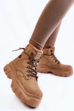 Big Star Shoes Damskie Trapery|Botki Sznurowane*Damskie Botki Trapery Memory Foam Big Star KK274366 Beżowe