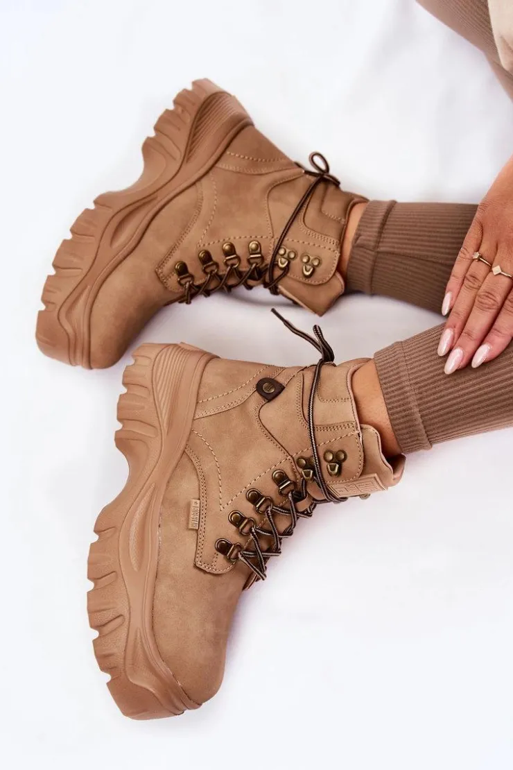 Big Star Shoes Damskie Trapery|Botki Sznurowane*Damskie Botki Trapery Memory Foam Big Star KK274366 Beżowe