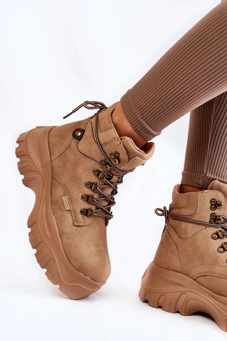 Big Star Shoes Damskie Trapery|Botki Sznurowane*Damskie Botki Trapery Memory Foam Big Star KK274366 Beżowe