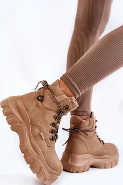 Big Star Shoes Damskie Trapery|Botki Sznurowane*Damskie Botki Trapery Memory Foam Big Star KK274366 Beżowe