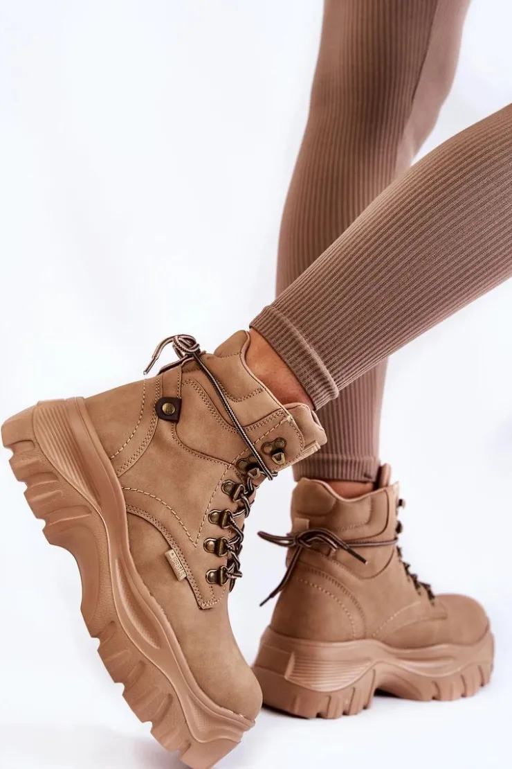 Big Star Shoes Damskie Trapery|Botki Sznurowane*Damskie Botki Trapery Memory Foam Big Star KK274366 Beżowe