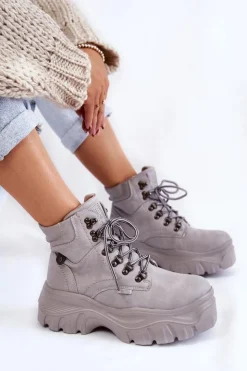 Damskie Big Star Shoes Damskie Botki Trapery Memory Foam Big Star KK274367 Szare