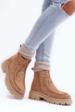 Damskie Boto Damskie Botki Trapery Na Suwak Ciemnobeżowe Apolosi