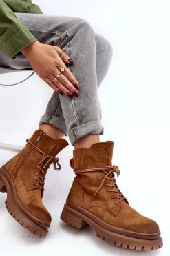 Boto Damskie Trapery|Botki Sznurowane*Damskie Botki Trapery Na Grubej Podeszwie Camel Narelona