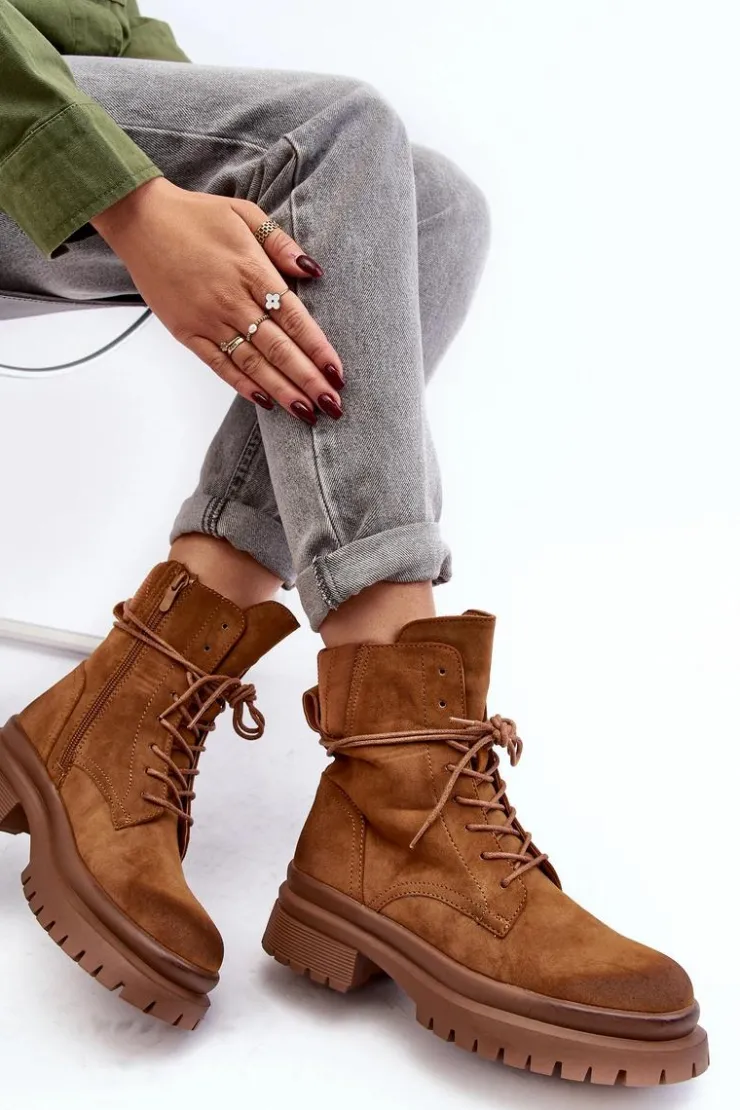 Boto Damskie Trapery|Botki Sznurowane*Damskie Botki Trapery Na Grubej Podeszwie Camel Narelona