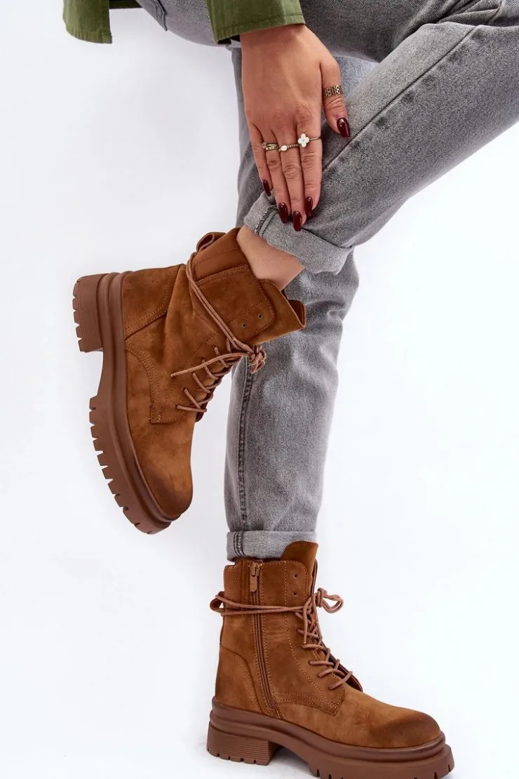 Boto Damskie Trapery|Botki Sznurowane*Damskie Botki Trapery Na Grubej Podeszwie Camel Narelona