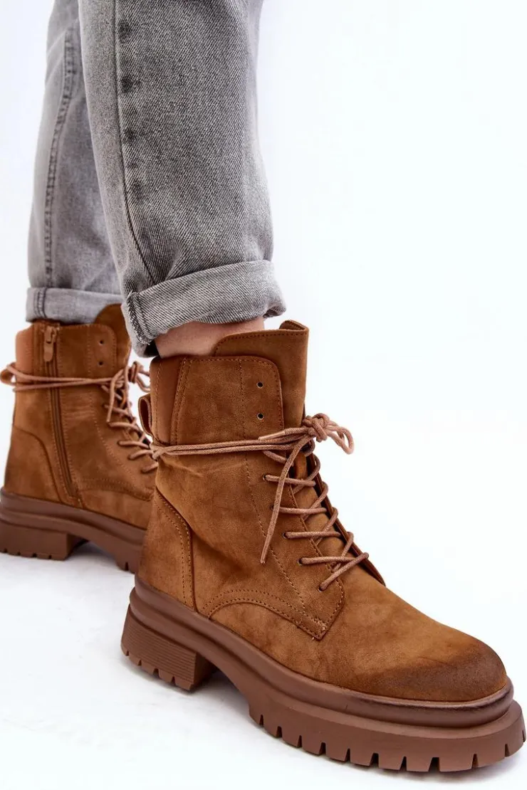 Boto Damskie Trapery|Botki Sznurowane*Damskie Botki Trapery Na Grubej Podeszwie Camel Narelona