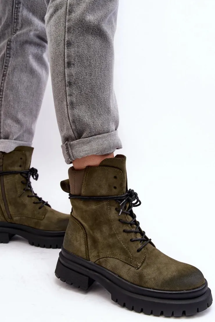 Boto Damskie Botki Trapery Na Grubej Podeszwie Ciemnozielone Narelona