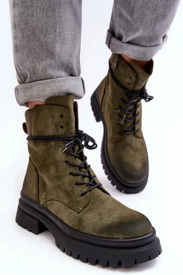 Boto Damskie Botki Trapery Na Grubej Podeszwie Ciemnozielone Narelona