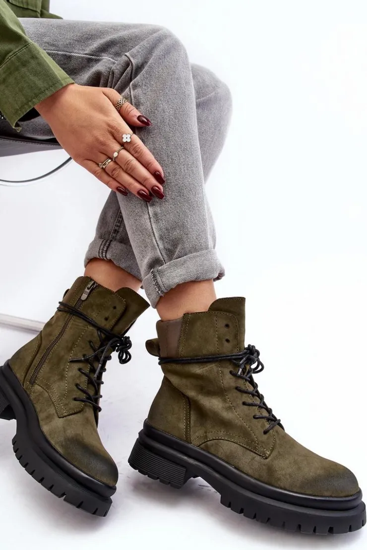 Boto Damskie Botki Trapery Na Grubej Podeszwie Ciemnozielone Narelona