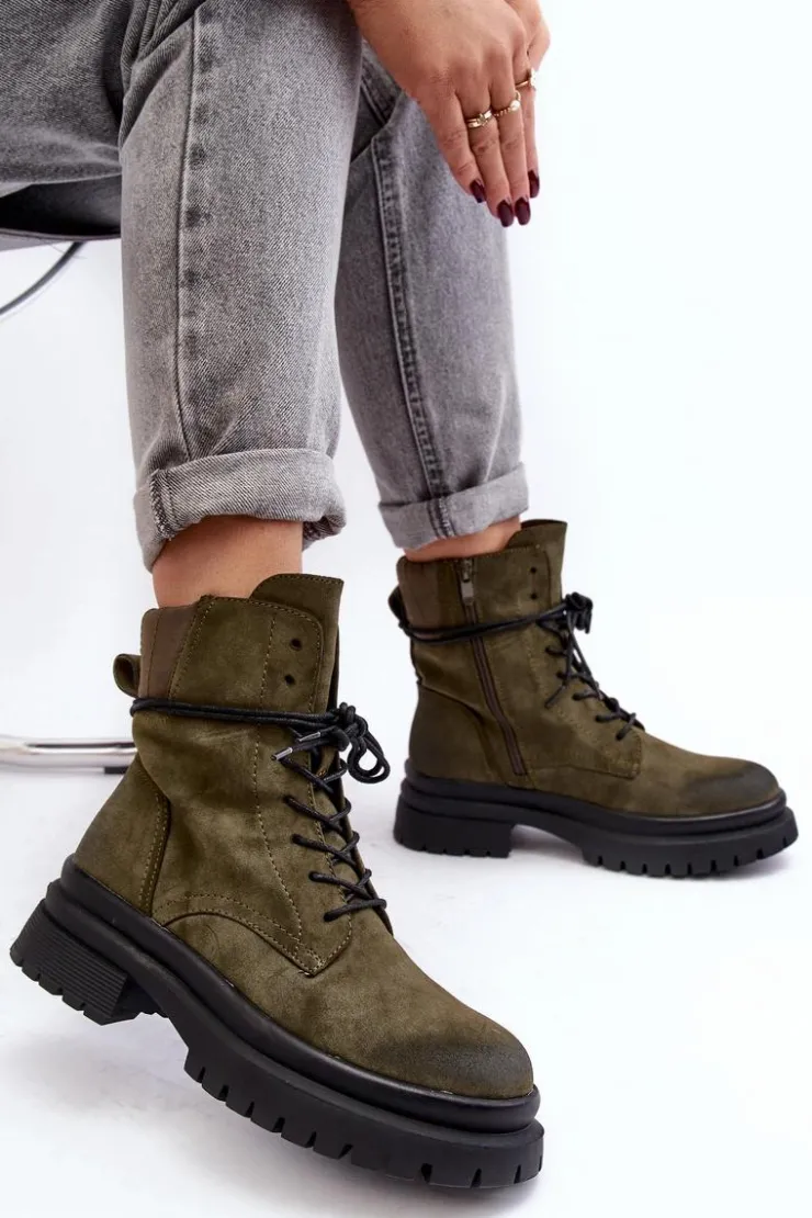 Boto Damskie Botki Trapery Na Grubej Podeszwie Ciemnozielone Narelona