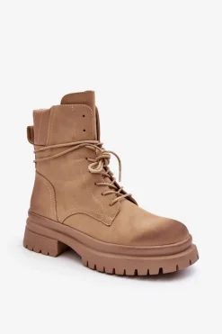 Damskie Boto Damskie Botki Trapery Na Grubej Podeszwie Beżowe Narelona