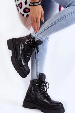 Damskie Buty Sergio Leone Damskie Botki Trapery Na Platformie Czarne Nerina