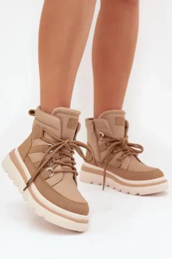 Outlet Boto Damskie Botki Trapery Na Platformie Camel Liorae Brązowy