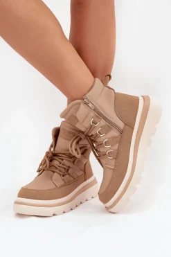 Outlet Boto Damskie Botki Trapery Na Platformie Camel Liorae Brązowy