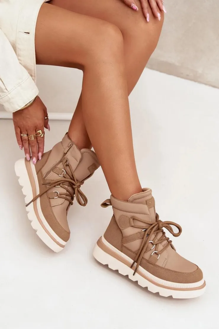 Outlet Boto Damskie Botki Trapery Na Platformie Camel Liorae Brązowy