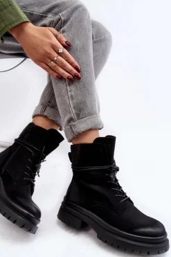 Boto Damskie Trapery|Botki Sznurowane*Damskie Botki Trapery Na Grubej Podeszwie Czarne Narelona Czarny