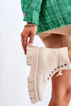 Outlet Boto Damskie Botki Trapery Ocieplane Jasnobeżowe Flavin