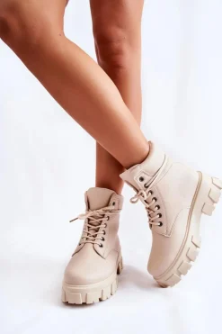 Outlet Boto Damskie Botki Trapery Ocieplane Jasnobeżowe Flavin