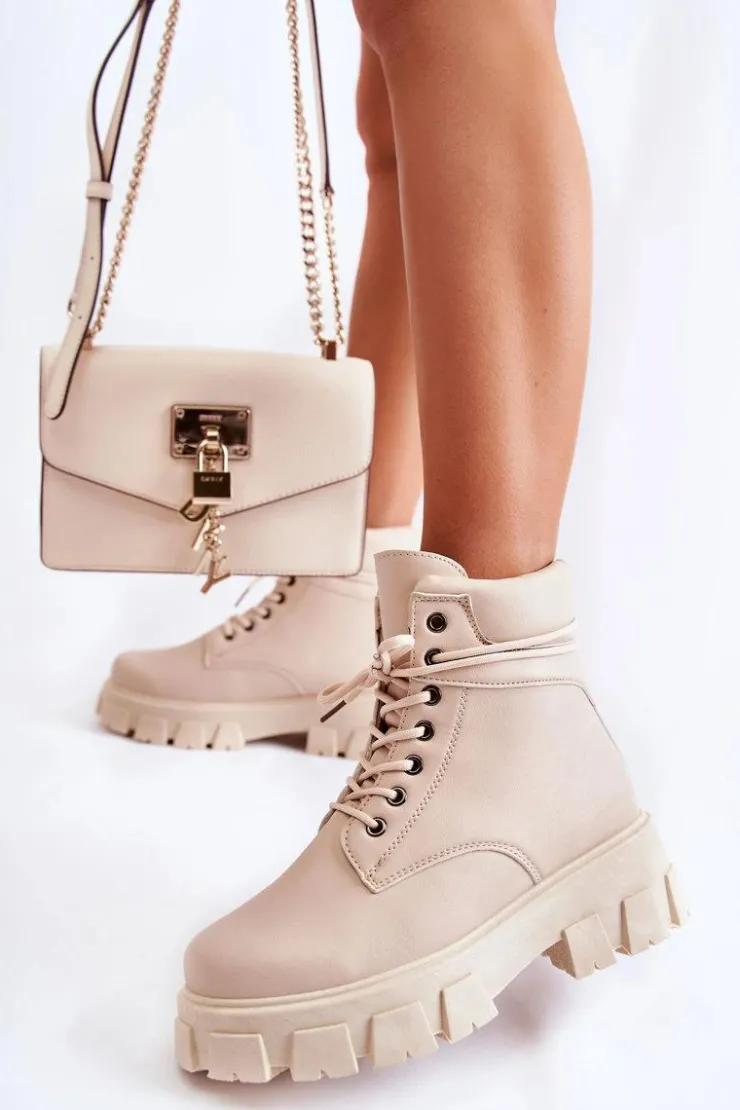 Outlet Boto Damskie Botki Trapery Ocieplane Jasnobeżowe Flavin