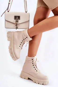 Outlet Boto Damskie Botki Trapery Ocieplane Jasnobeżowe Flavin