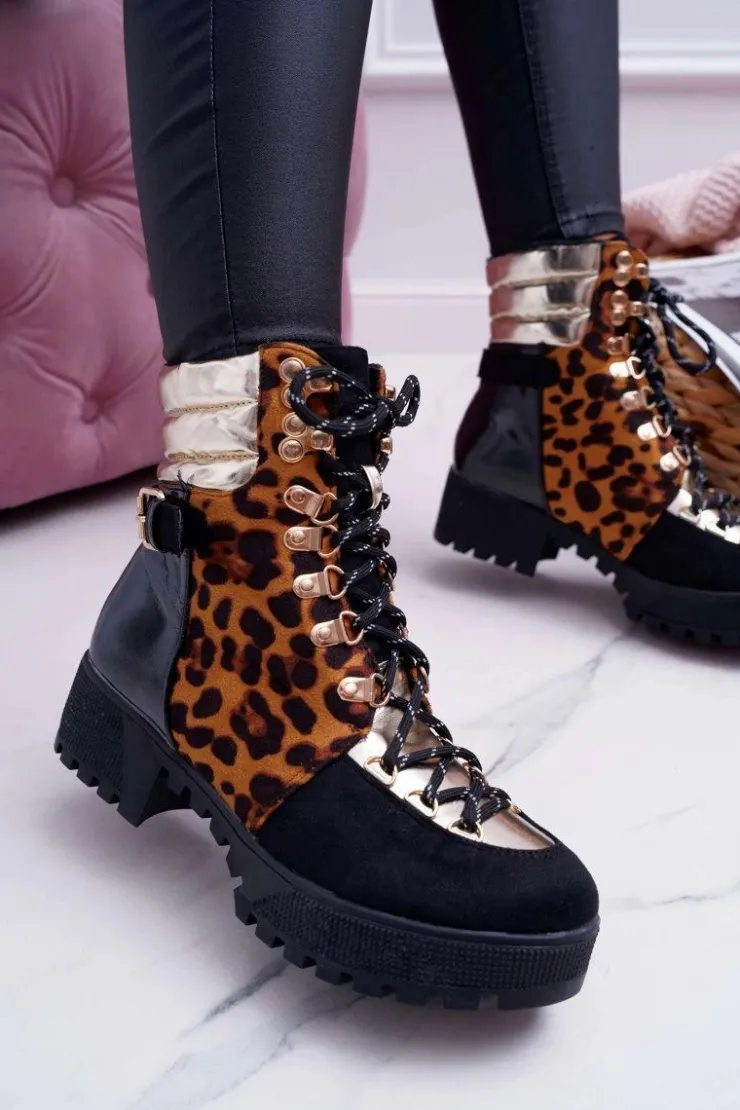 Best Boto Damskie Botki Trapery Płaski Obcas W Panterkę Move On