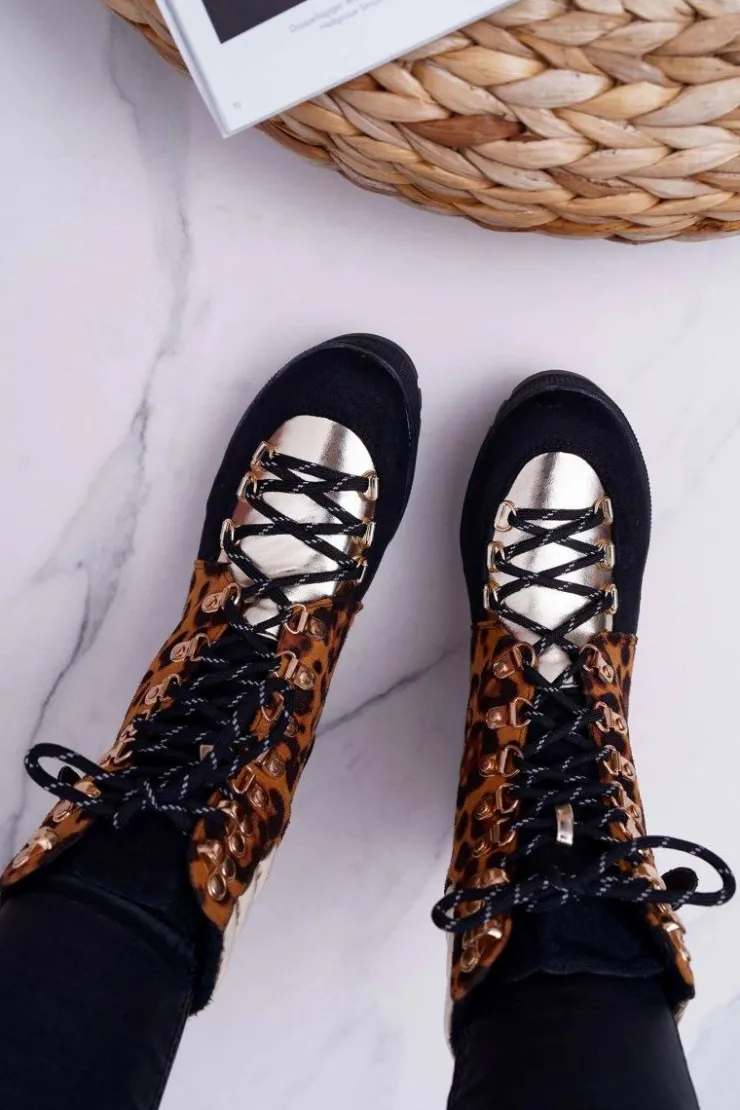 Best Boto Damskie Botki Trapery Płaski Obcas W Panterkę Move On