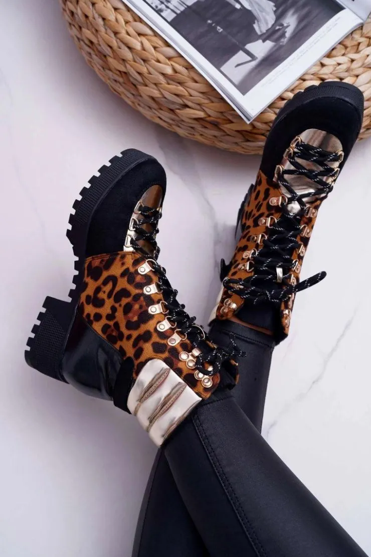 Best Boto Damskie Botki Trapery Płaski Obcas W Panterkę Move On