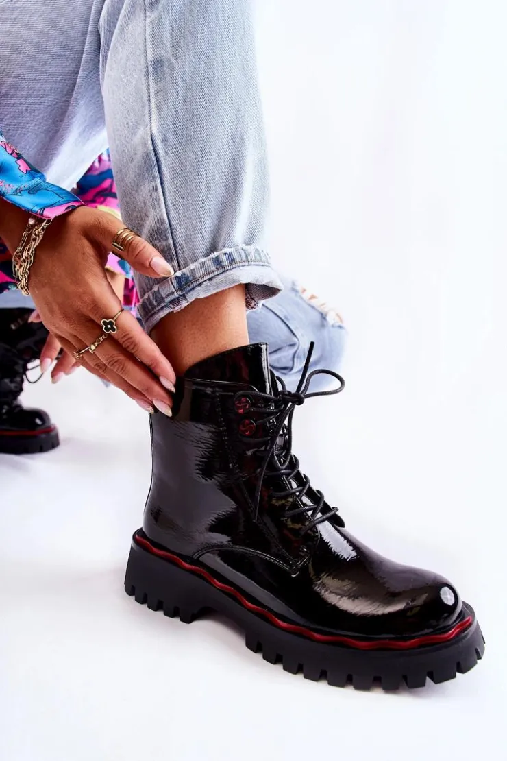 Outlet Damskie buty S.Barski Damskie Botki Trapery Wiązane Czarne Sherill