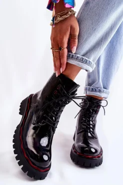 Outlet Damskie buty S.Barski Damskie Botki Trapery Wiązane Czarne Sherill