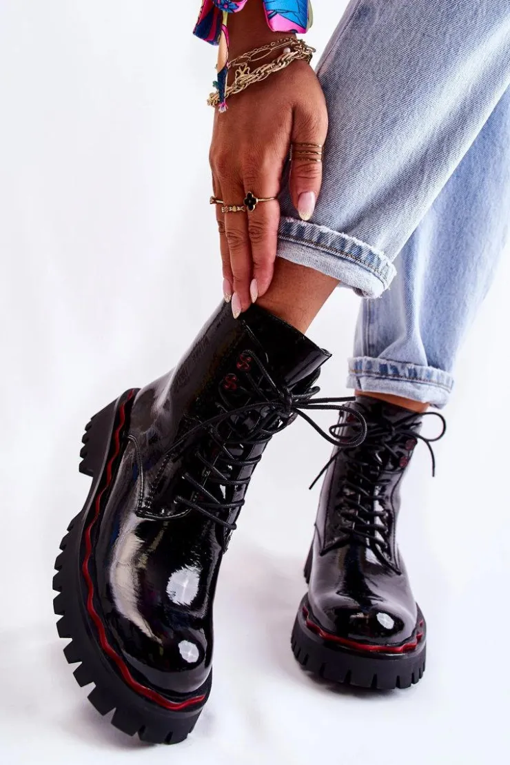 Outlet Damskie buty S.Barski Damskie Botki Trapery Wiązane Czarne Sherill