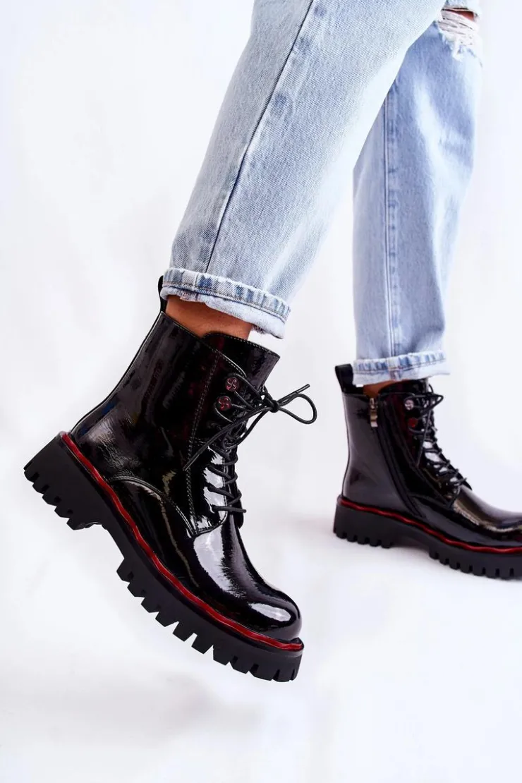 Outlet Damskie buty S.Barski Damskie Botki Trapery Wiązane Czarne Sherill