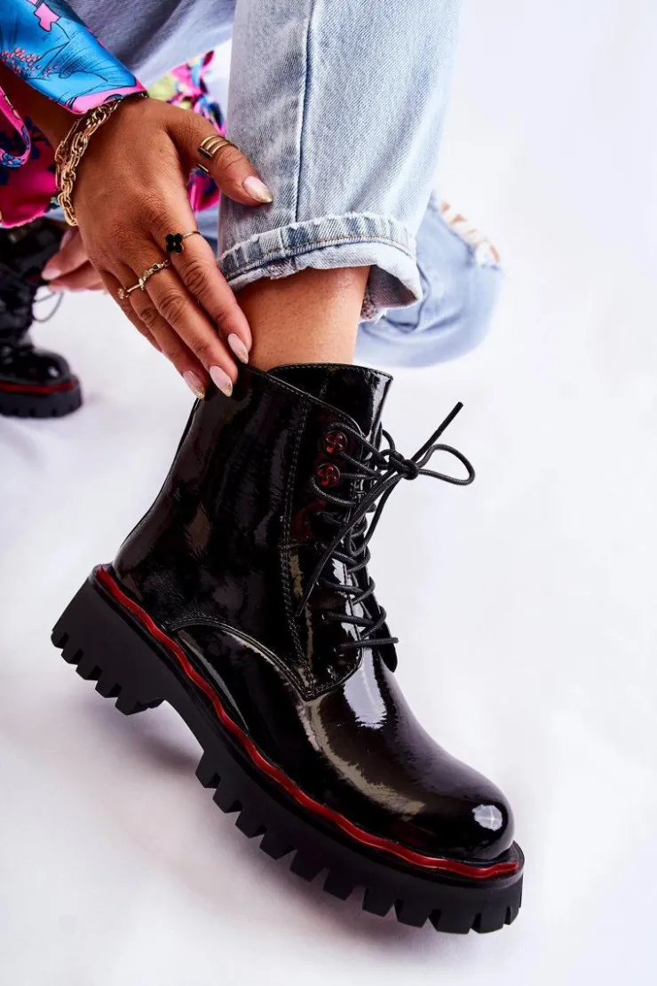 Outlet Damskie buty S.Barski Damskie Botki Trapery Wiązane Czarne Sherill