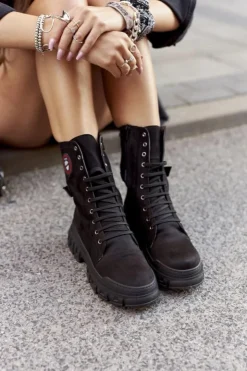 Boto Damskie Trapery|Botki Sznurowane*Damskie Botki Trapery Workery Czarne Monope