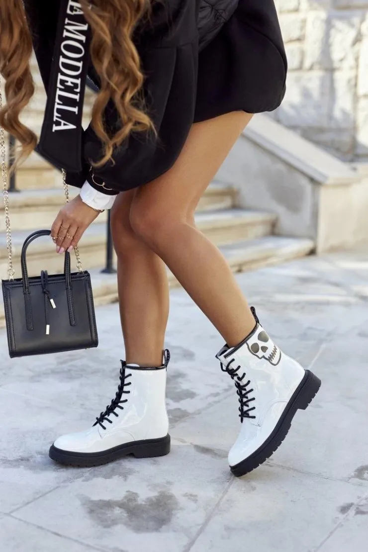 Damskie GOE Damskie Botki Trapery z Czaszką II2N4048 Białe