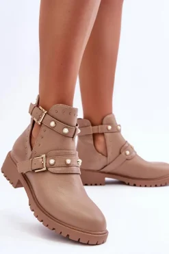 Damskie Boto Damskie Botki Trapery Z Perełkami Beżowe Klarisa