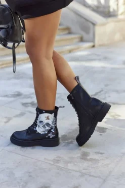 GOE Botki Sznurowane|Czarne Botki*Damskie Botki Trapery z Printem II2N4045 Czarne